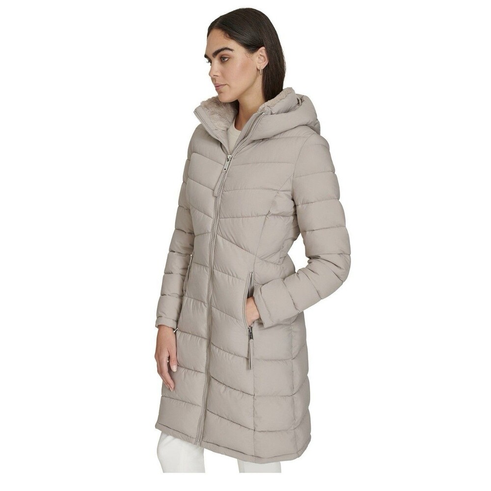 Calvin Klein Women's Hooded Puffer Wheat Mid-Length Coat Size Medium